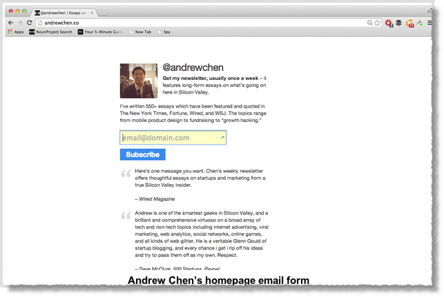 마케팅 천재, Andrew Chen의 뉴스레터 구독 페이지