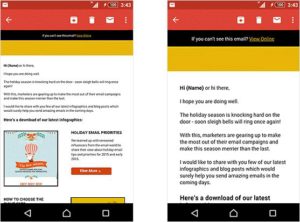 (왼쪽) 미디어 쿼리가 있는 반응형 이메일 (오른쪽) 이메일 쿼리 없는 반응형 이메일